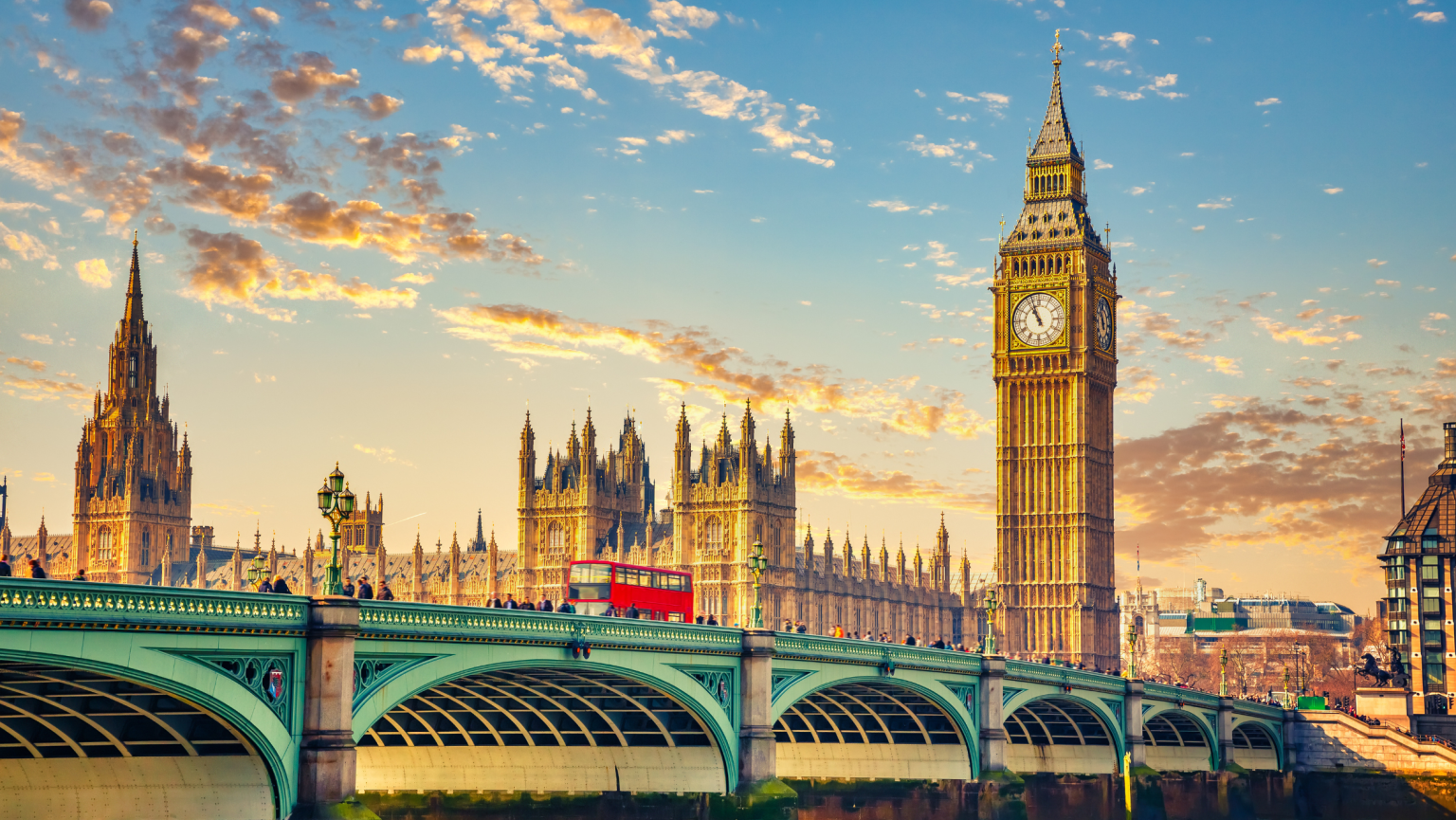 Skyline across the Thames of the tower of the Palace of Westminster